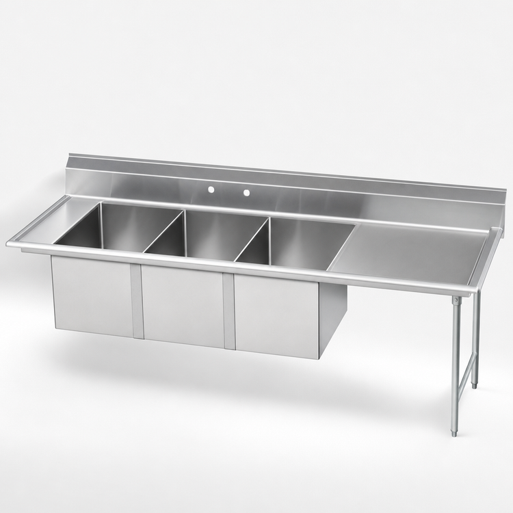 Product image #3 for Advance Tabco 143-Inch Straight 3-Compartment Sink Dishtable with 20 x 20 x 14 Inch Bowls and Right Drainboard