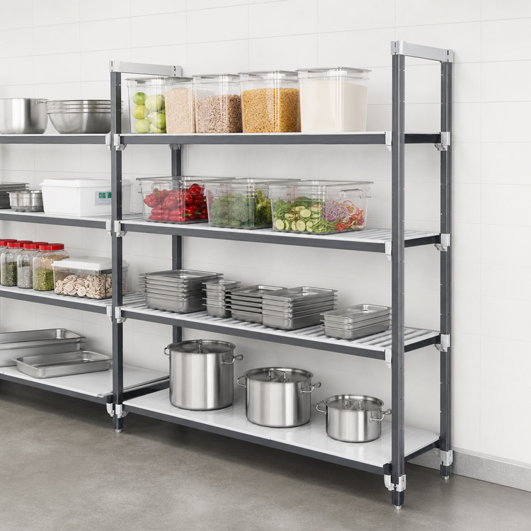 Product image #3 for Cambro Camshelving Elements XTRA Stationary Add-On Polymer Shelving Unit, 4-Tier, 21 x 72 x 64 Inches, Mixed Vented and Solid Shelves