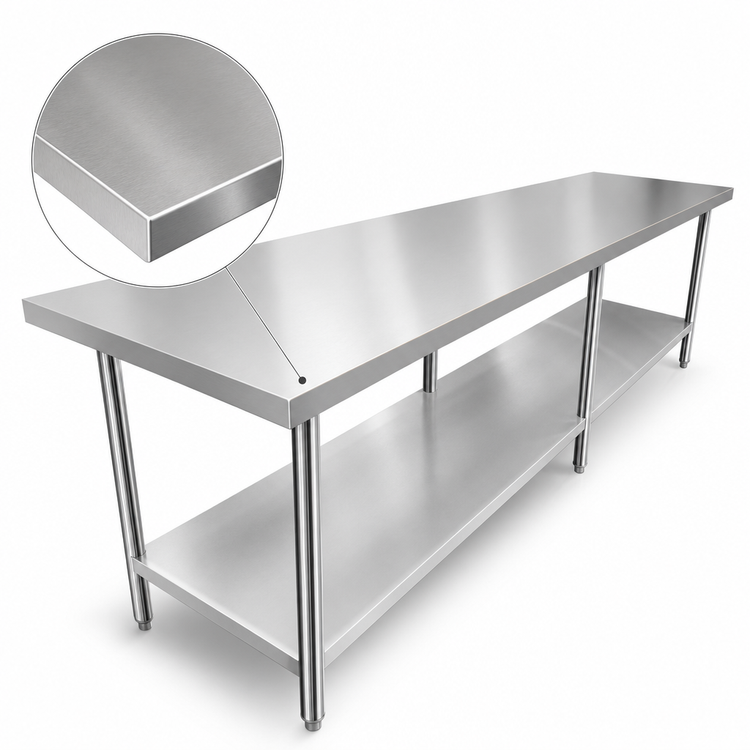 Product image #3 for Sapphire 120" x 18" Stainless Steel Work Table with Undershelf, 16-Gauge 304 Top, Beveled Square Edge