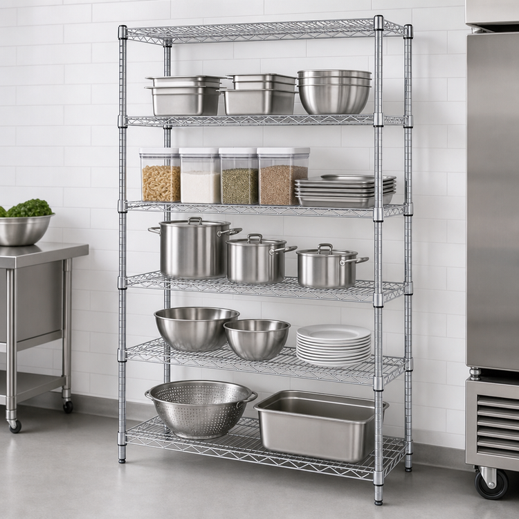 Product image #3 for Quantum WR63-2460S-5 Stationary Wire Shelving Starter Kit, 60"W x 24"D x 63"H, 5 Shelves, 304 Stainless Steel