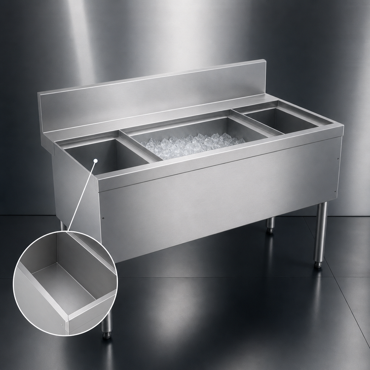 Product image #3 for Advance Tabco Prestige Supreme 48-Inch Stainless Steel Bar Ice Bin with Left and Right Bottle Racks, No Cold Plate