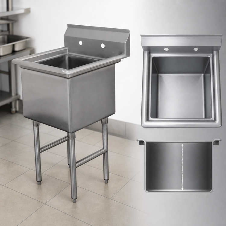 Product image #3 for Advance Tabco 1-Compartment Fabricated Commercial Sink, 24" x 24" x 14" Bowl, No Drainboards, 16-Gauge 304 Stainless Steel