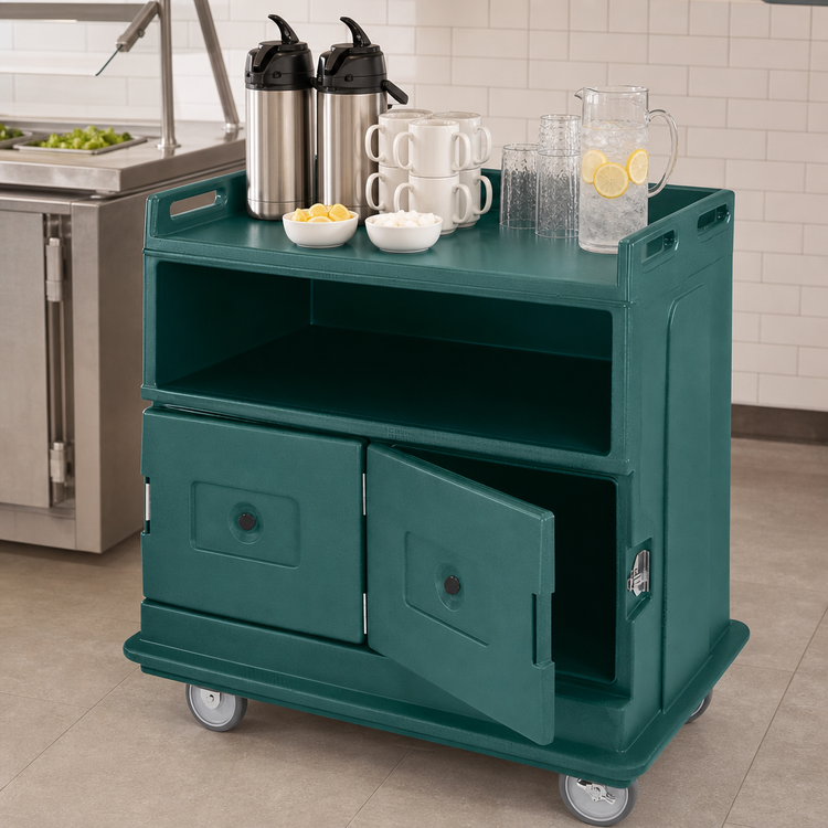 Product image #4 for Cambro Flat Top Beverage Service Cart with 2 Insulated Compartments, 44-1/2 x 30 x 44 Inches, Granite Green