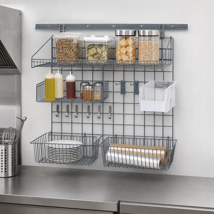 Product image #3 for Quantum Store Grid Medium-Duty Wall-Mounted Shelving Starter Kit with Shelf, Basket, Hooks and Clear Bin