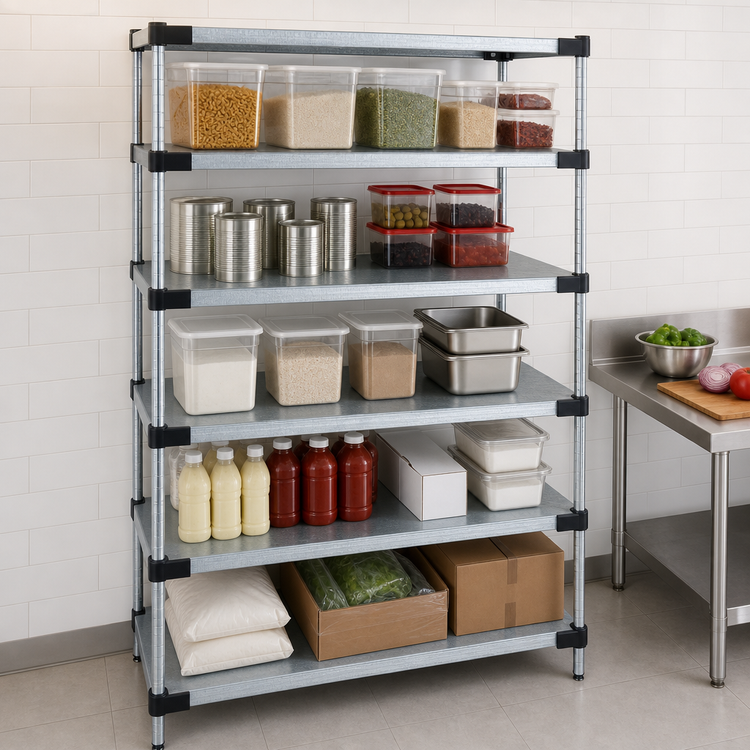 Product image #3 for Quantum 5-Shelf Solid Shelving Starter Kit, 36"W x 18"D x 86"H, Galvanized Steel Shelves, Chrome Posts