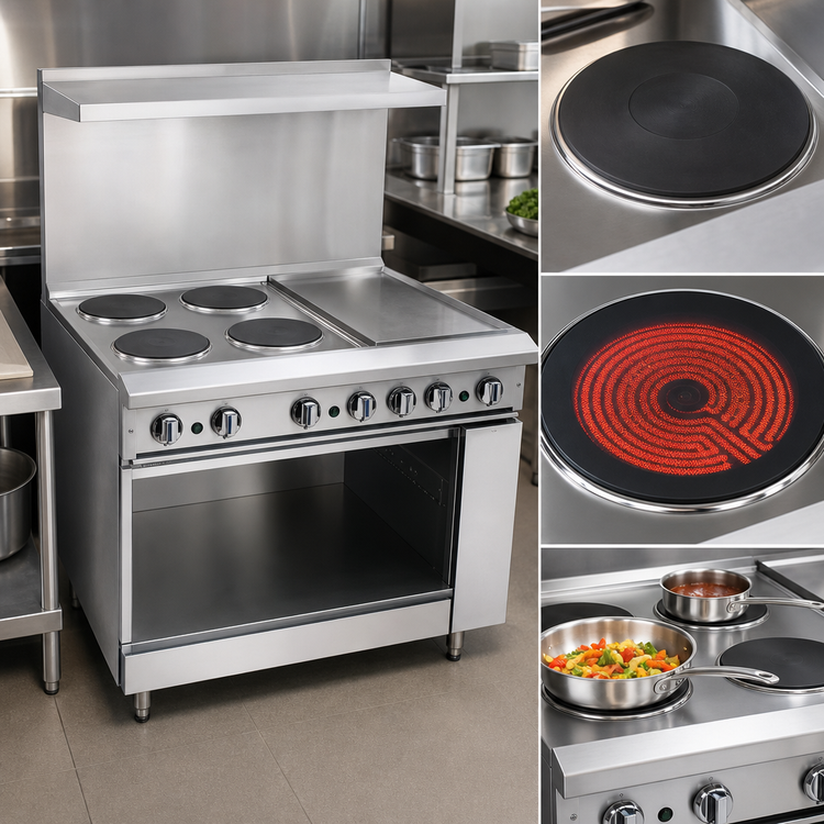 Product image #3 for Imperial Pro Series 36-Inch Electric Restaurant Range with 4 Round Elements, 12-Inch Thermostatic Griddle and Open Cabinet Base