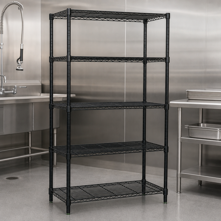 Product image #3 for Quantum 48" W x 24" D x 74" H Wire Shelving Starter Kit, 5 Shelves, Black Epoxy Antimicrobial Finish