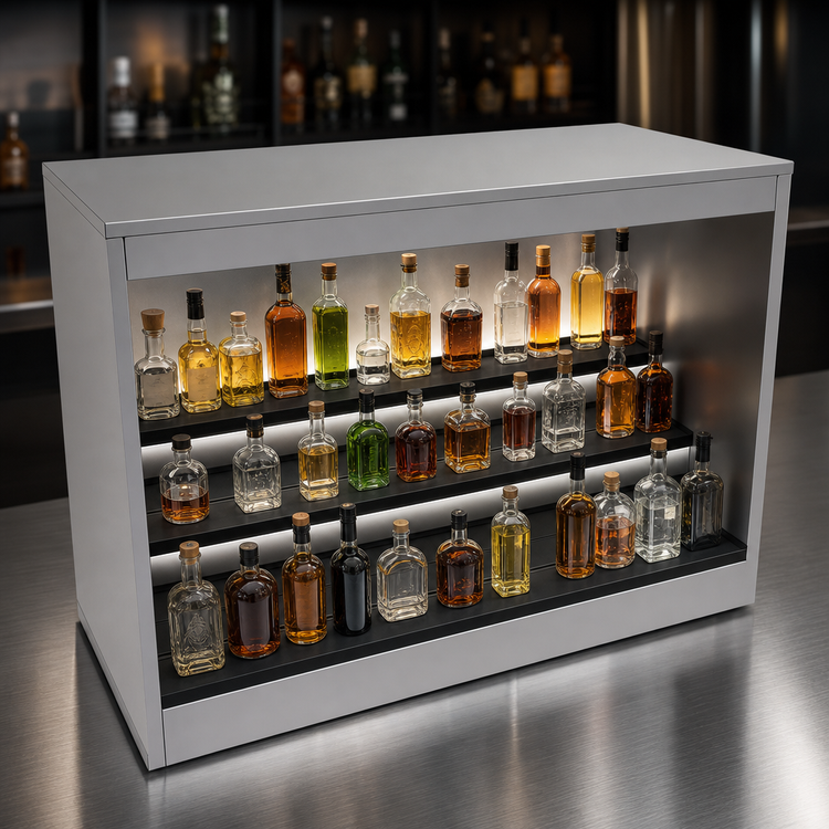 Product image #3 for Glastender 48-Inch Open Front Back Bar Liquor Display Cabinet with 3 Steps and LED Lighting