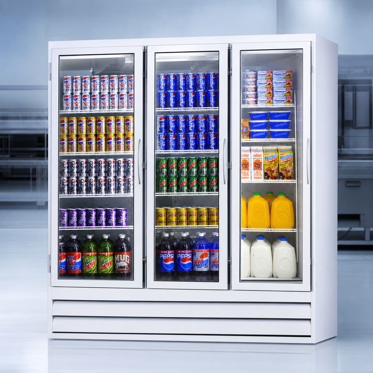 Product image #4 for Three-Section Glass Door Refrigerator Merchandiser, Bottom-Mount Self-Contained, 75 Cu. Ft., White