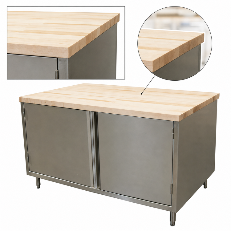 Product image #3 for BK Resources 60 Inch x 30 Inch Hard Maple Chef Table with Stainless Steel Cabinet Base and Hinged Doors