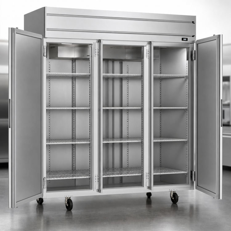 Product image #3 for Beverage-Air Horizon Series Three-Section Reach-In Freezer, 78" W, Top-Mounted Self-Contained, Solid Doors, 69.1 Cu. Ft.
