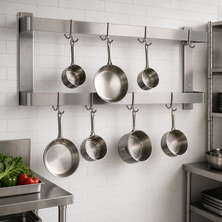 Product image #3 for John Boos Wall-Mount Double-Bar Pot Rack with 8 Stainless Steel Double Hooks, 48 x 12 x 16 Inches