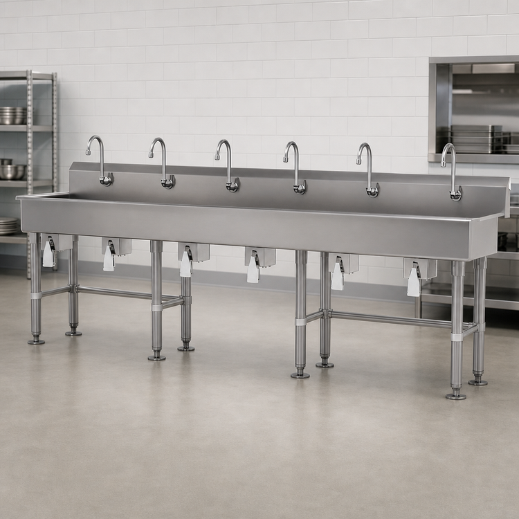 Product image #3 for Advance Tabco Six-Station Knee-Operated Freestanding Hand Sink with Gooseneck Spouts