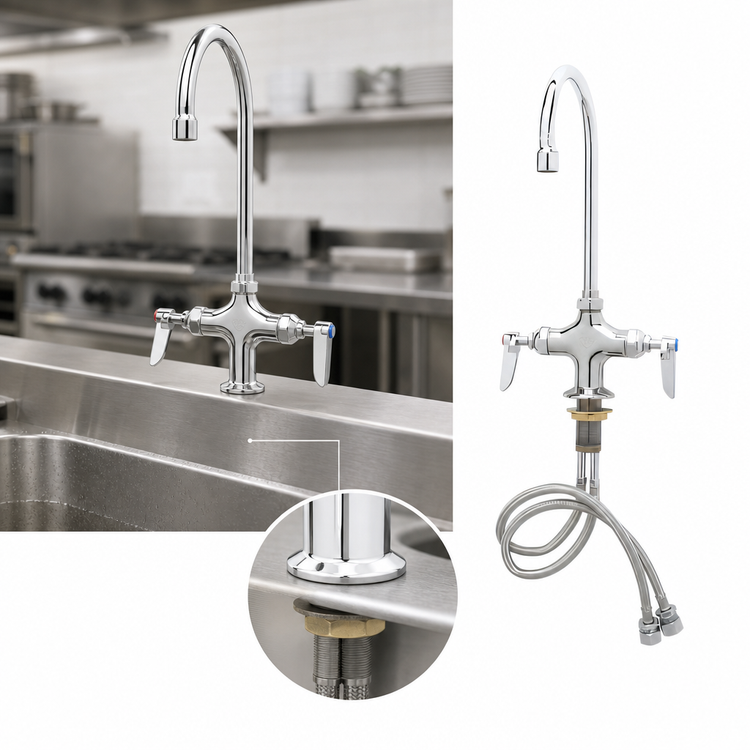 Product image #3 for T&S Brass Double Pantry Deck-Mount Mixing Faucet with 5 3/4" Swivel Gooseneck and 2.2 GPM Aerator