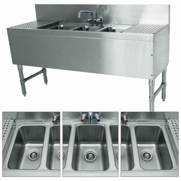 Product image #3 for Advance Tabco Prestige 3-Compartment Stainless Steel Underbar Sink Unit with Dual Drainboards and Splash-Mount Faucet