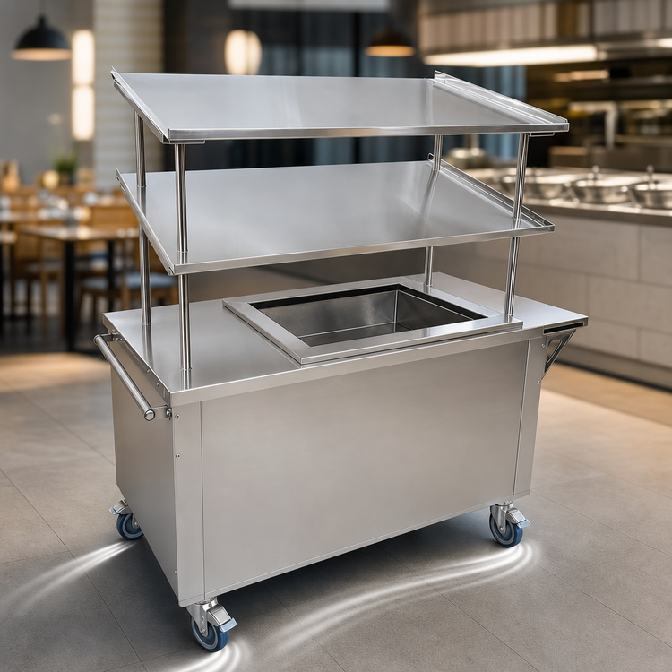 Product image #3 for Advance Tabco Stainless Steel Mobile Ice-Cooled Serving Cart with 52-Inch Double Slanted Overshelf