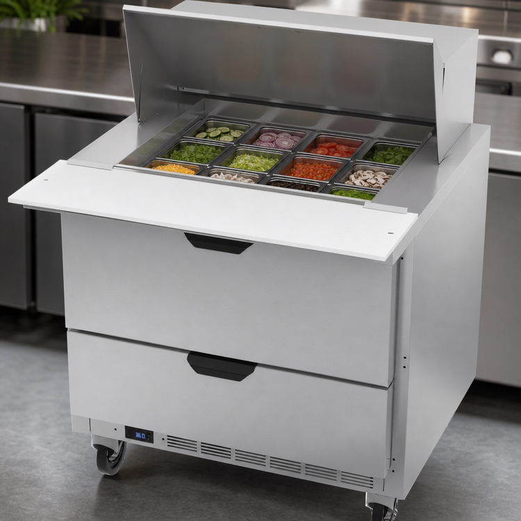 Product image #4 for Beverage-Air 36-Inch One-Section Mega Top Refrigerated Prep Table with 12-Pan Top and 2 Drawers