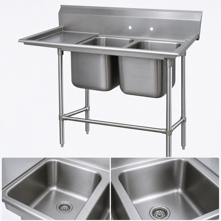Product image #3 for Advance Tabco Regaline 2-Compartment Sink with Left-Hand Drainboard, 24 x 24-Inch Bowls, 14-Gauge 304 Stainless Steel
