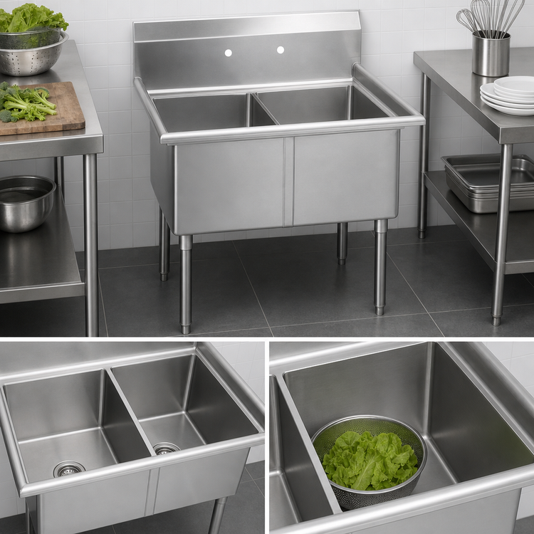 Product image #3 for BK Resources Two Compartment Stainless Steel Sink, 53 Inch Wide, 24 x 24 x 14 Inch Bowls, No Drainboards