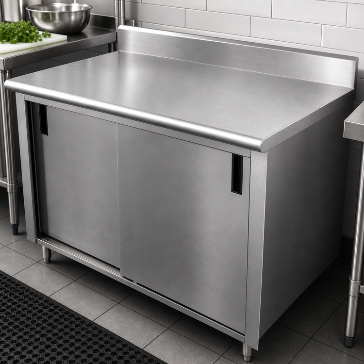 Product image #3 for Advance Tabco CK-SS-305M Enclosed Stainless Steel Work Table, 60 x 30 Inches, with Sliding Doors, Mid-Shelf, and 5 Inch Backsplash