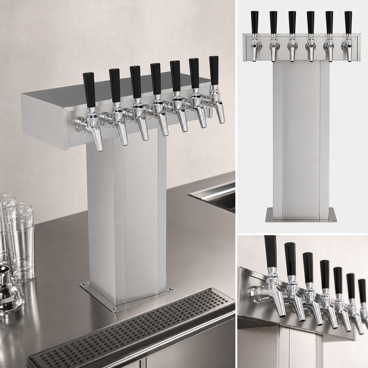 Product image #3 for Perlick Extra High 6-Faucet Countertop Glycol-Cooled Tee Draft Beer Tower, Stainless Steel