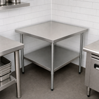 Thumbnail image #3 for Serv-Ware T3030CWP-4-V 30 x 30 Inch Stainless Steel Corner Work Table, 34 Inch Height