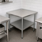 Thumbnail image #3 for Serv-Ware T3030CWP-4-V 30 x 30 Inch Stainless Steel Corner Work Table, 34 Inch Height