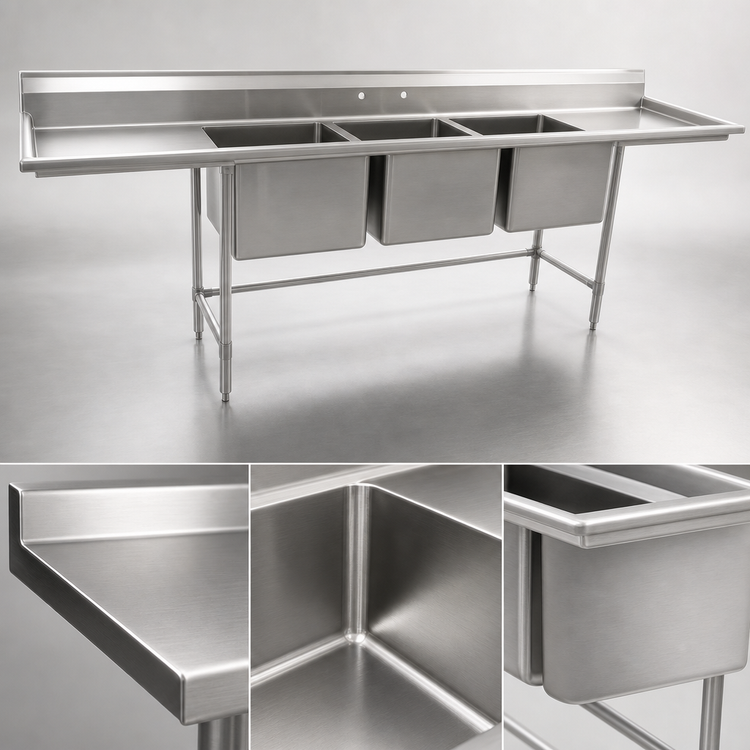 Product image #3 for Eagle Group S16 Series 3-Compartment 16-Gauge 304 Stainless Steel Sink with Left & Right Drainboards, 103 Inch Wide