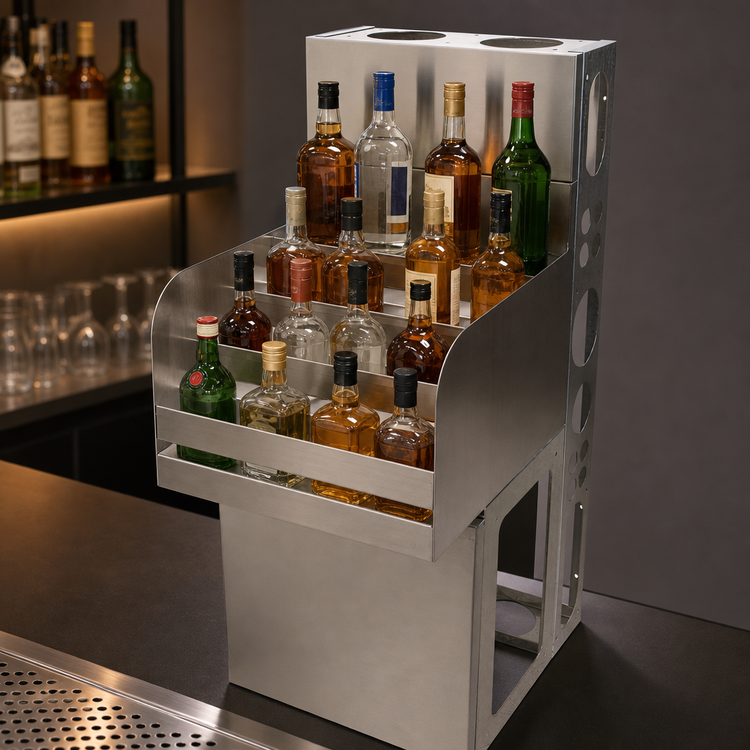 Product image #3 for BK Resources Freestanding Underbar Liquor Bottle Display Unit, 4-Step, 13-Bottle Capacity, 304 Stainless Steel