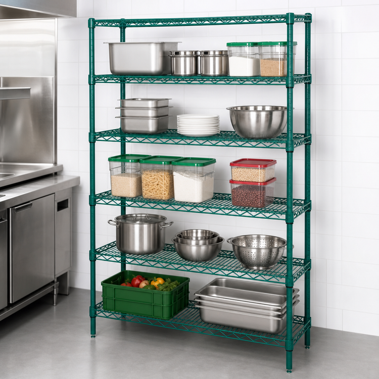 Product image #3 for Quantum 72 Inch Wide x 18 Inch Deep x 74 Inch High Wire Shelving Starter Kit, 5 Shelves, Green Epoxy Antimicrobial Finish