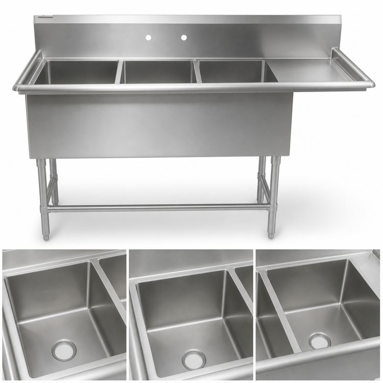 Product image #3 for John Boos Pro-Bowl 3-Compartment Sink with Right Drainboard, 14-Gauge Stainless Steel