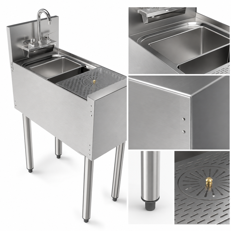 Product image #4 for Perlick Top Shelf Series 12-Inch Wide Stainless Steel Underbar Bartender Prep Sink with Single Bowl, Gooseneck Faucet, Glass Rinser, Wet Waste Pan, and 6-Inch Backsplash