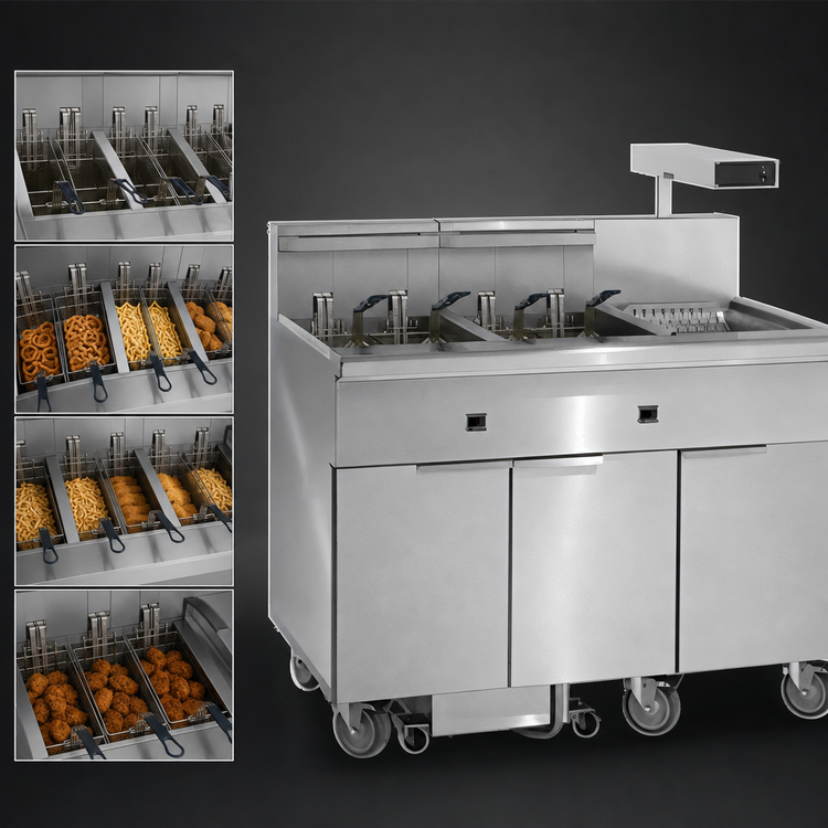 Product image #3 for Imperial Electric Floor Model 6-Tank Battery Fryer with Built-In Filter System and Dump Station, 75 lb. Per Tank