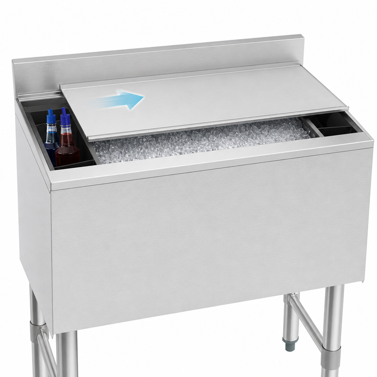 Product image #4 for KoolMore 30-Inch Commercial Stainless Steel Underbar Ice Bin with Insulated Sliding Cover and Bottle Holders
