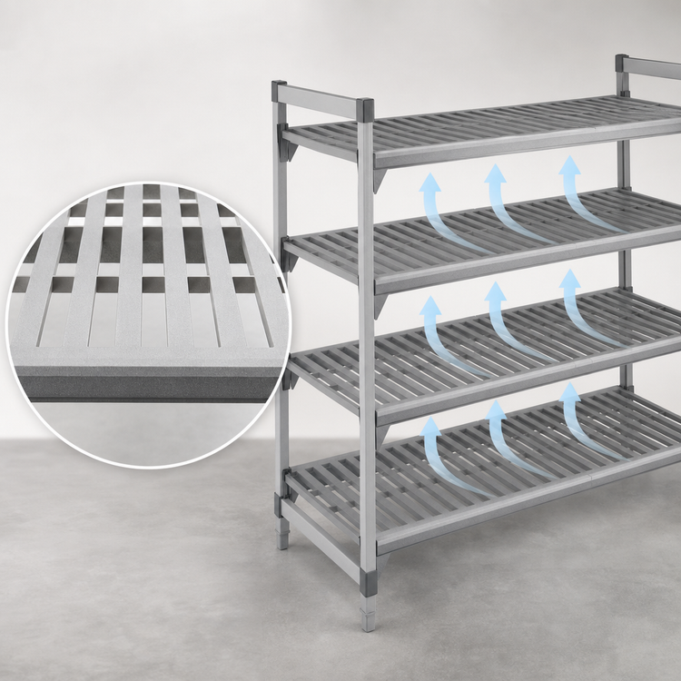 Product image #4 for Cambro Camshelving Premium 24" x 72" 4-Shelf Vented Polymer Shelf Kit, Speckled Gray