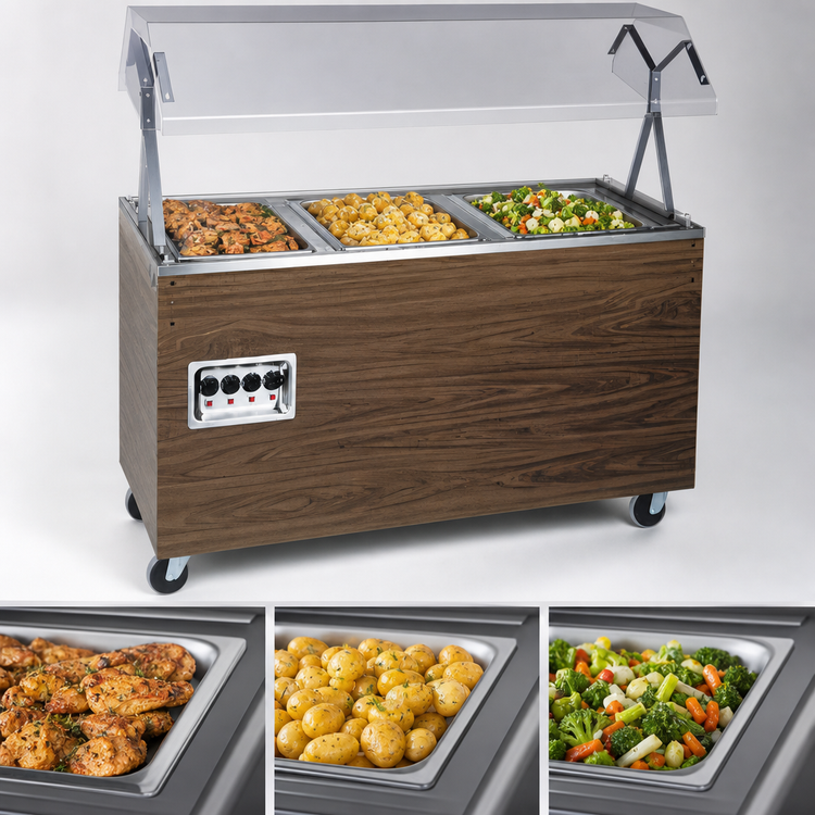 Product image #3 for Vollrath 2-Series Affordable Portable Deluxe 3-Well Mobile Hot Food Station with Buffet Breath Guard, 208-240V