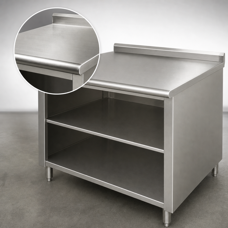Product image #3 for Advance Tabco 108 Inch x 30 Inch Open Front Cabinet Base Work Table with Mid-Shelf, 14 Gauge 304 Stainless Steel Top and 1-1/2 Inch Rear Up-Turn