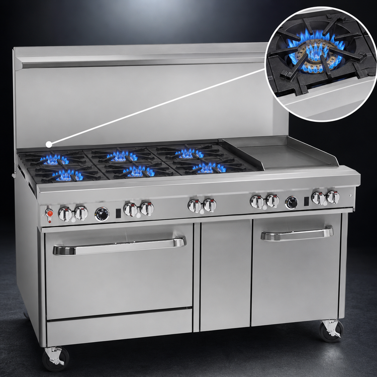 Product image #3 for Southbend Ultimate 60-Inch Gas Restaurant Range with 6 Star/Sauté Burners, 24-Inch Griddle, Single Oven, and Cabinet Base