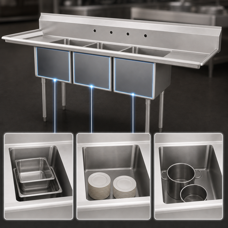 Product image #3 for Omcan USA 3-Compartment Pot Sink with Left and Right Drainboards