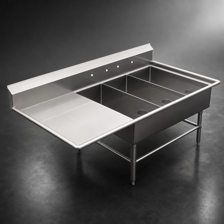 Product image #3 for John Boos Pro-Bowl 3-Compartment Platter Sink with Left Drainboard and 10-Inch Backsplash, 64-3/16" W x 36-1/2" D x 43" H