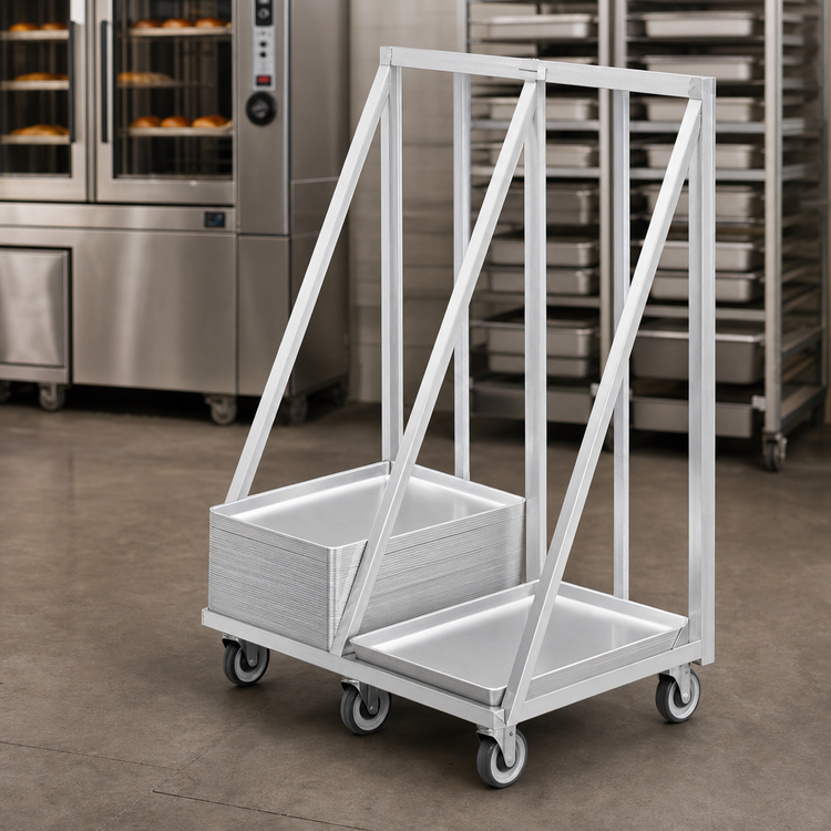 Product image #4 for Heavy-Duty Aluminum Bun Pan / Dough Box Dolly, 100-Pan Capacity, 5-Inch Swivel Casters