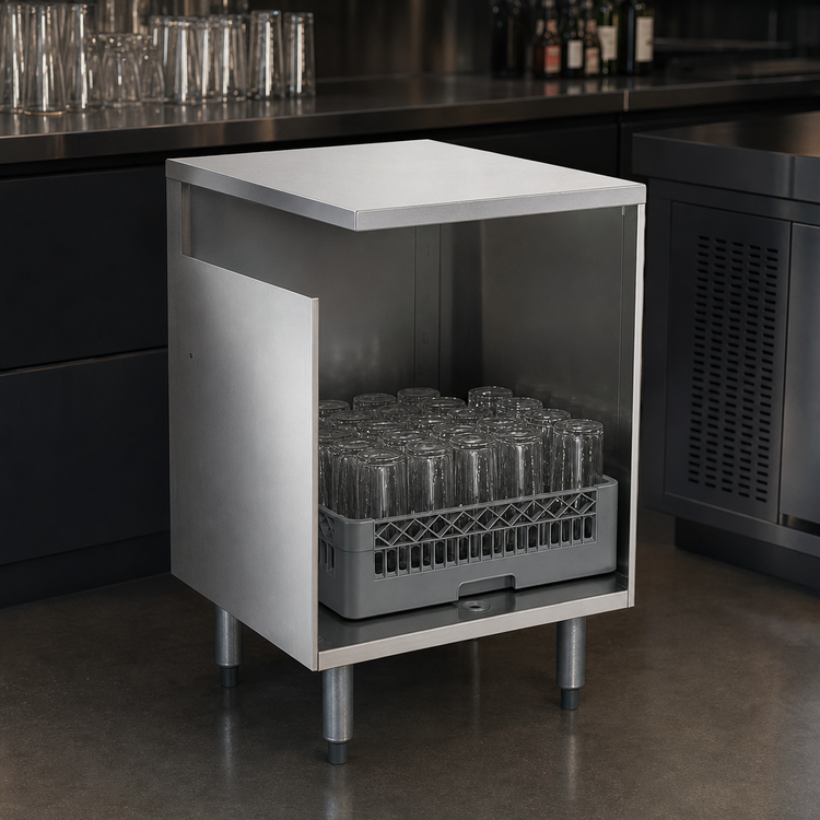 Product image #3 for Eagle 1800 Series Flatboard Top Underbar Glass Rack Storage Unit, 12 Inch Wide, 304 Stainless Steel, Open Front Cabinet Base