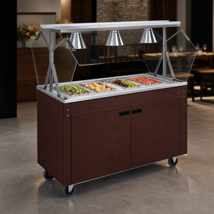Product image #3 for Vollrath 2-Series Affordable Portable 4-Pan Non-Refrigerated Cold Food Station with Buffet Breath Guard and Cherry Woodgrain Storage Base with Doors