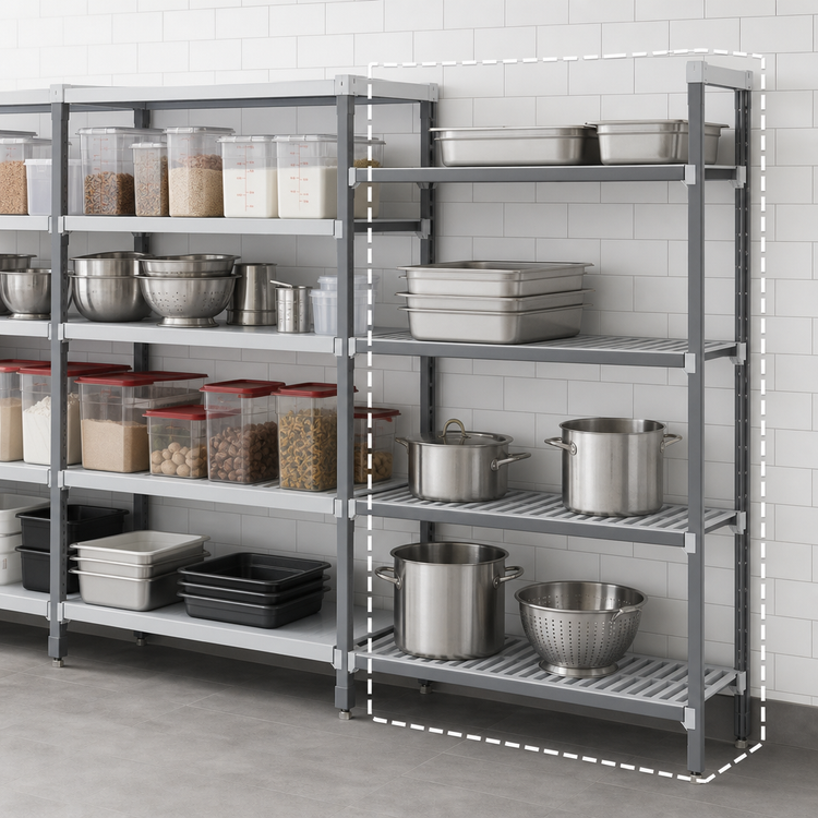 Product image #3 for Cambro Camshelving Elements XTRA Stationary Add-On Polymer Shelving Unit, 21" x 36" x 84", 4-Tier, Vented & Solid, Speckled Gray