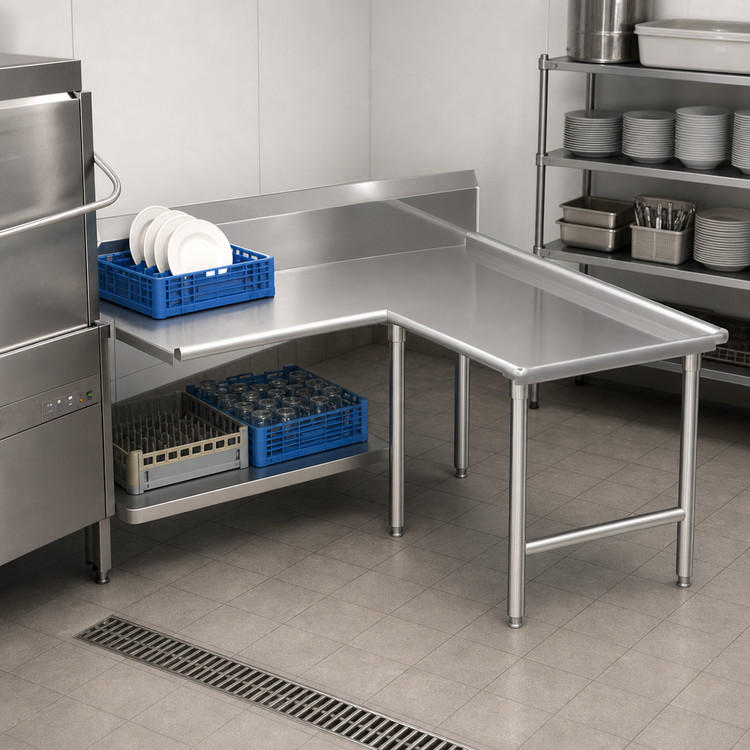Product image #3 for John Boos Pro-Bowl L-Shaped Island Clean Dishtable, 60" Machine-to-Corner x 120" Corner-to-End, Left-to-Right, 14/300 Stainless Steel Top