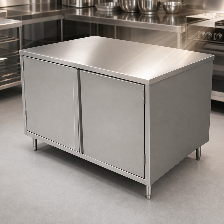 Product image #3 for BK Resources 48 x 30 Inch Single-Sided Stainless Steel Chef Table with Cabinet Base and Hinged Doors
