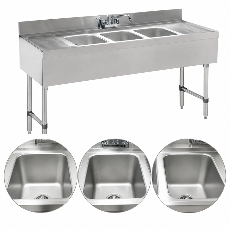 Product image #3 for Advance Tabco Special Value Series 3-Compartment Underbar Sink Unit with Deck-Mount Faucet and Dual Drainboards, 60" W x 21" D