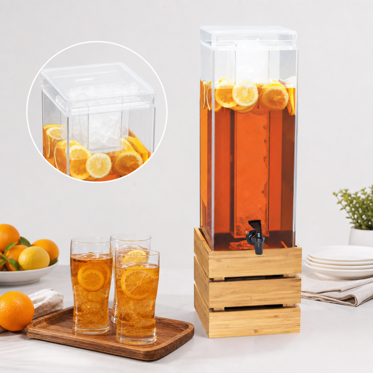 Product image #3 for Bamboo 3 Gallon Single Square Acrylic Beverage Dispenser with Ice Chamber and Crate Stand