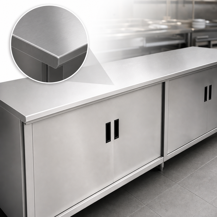 Product image #3 for Advance Tabco 96" W x 30" D Enclosed Work Table, 14 Gauge 304 Stainless Steel Top, Cabinet Base with Hinged Doors