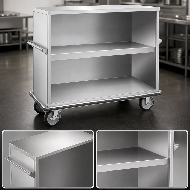 Product image #3 for FWE Super Duty Enclosed Queen Mary Utility Cart, 3 Shelves, 62-Inch Wide, Stainless Steel, 1600 lb. Capacity